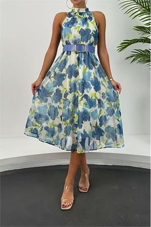 Neşeli butik kadın kemerli midi boy şifon elbise NBMY3432