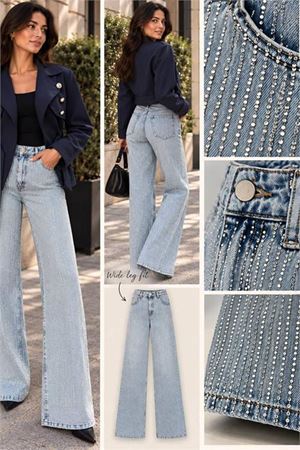 Neşeli butik kadın mavi taş detaylı yüksek bel bol paça jean pantolon NBK9004