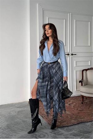 Neşeli butik kadın mavi desenli asimetrik kesim yırtmaçlı şifon tam boy etek NBG124