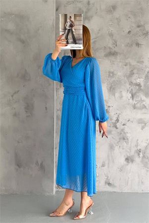 Neşeli butik kadın kemer detaylı astarlı ponpon şifon elbise NBKKLF2052