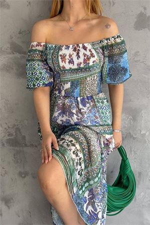 Neşeli butik kadın yazlık kare yaka desenli viskon elbise NBQ002