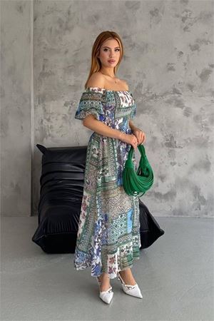 Neşeli butik kadın yazlık kare yaka desenli viskon elbise NBQ002