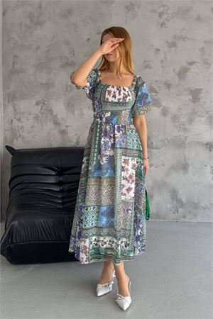 Neşeli butik kadın yazlık kare yaka desenli viskon elbise NBQ002