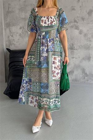 Neşeli butik kadın yazlık kare yaka desenli viskon elbise NBQ002