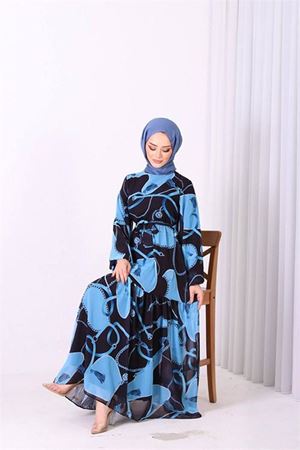 Neşeli butik kadın şifon ithal kumaş desenli tesettür elbise SMS009