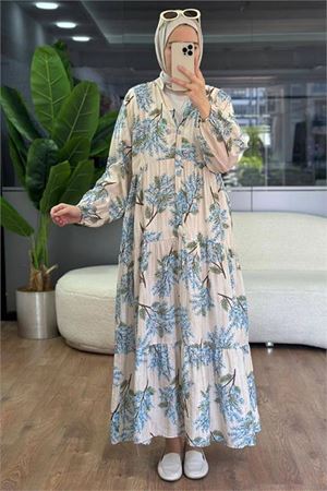 Neşeli butik kadın mavi hakim yaka düğmeli viskon çiçek desenli tesettür elbise NMS099