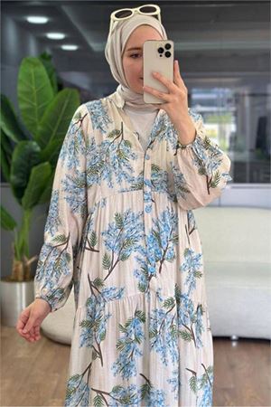 Neşeli butik kadın mavi hakim yaka düğmeli viskon çiçek desenli tesettür elbise NMS099