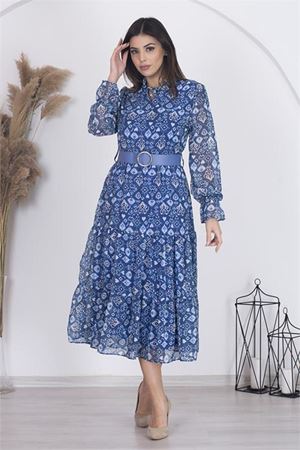 Neşeli butik kadın astarlı etnik desenli şifon elbise RSNB002 - Mavi
