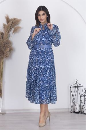 Neşeli butik kadın astarlı etnik desenli şifon elbise RSNB002 - Mavi