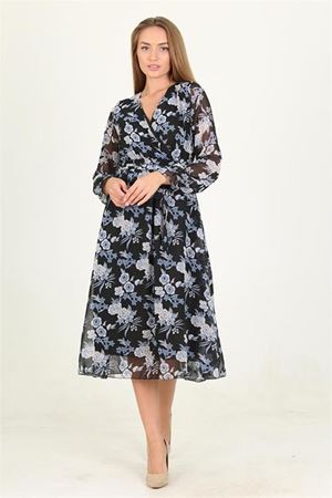 Neşeli butik kadın mavi çiçek desenli kuşaklı kruvaze şifon elbise RSSN16