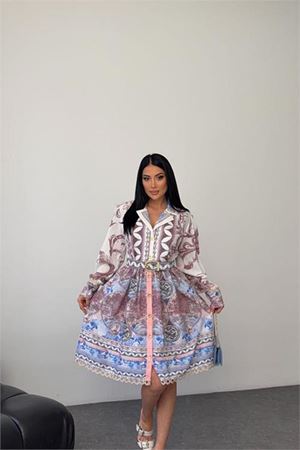 Neşeli butik kadın mavi kemer detaylı mini boy tasarım elbise NBMS25111