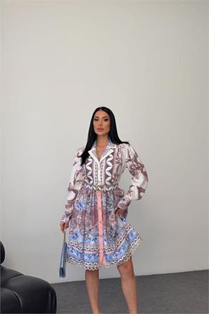 Neşeli butik kadın mavi kemer detaylı mini boy tasarım elbise NBMS25111