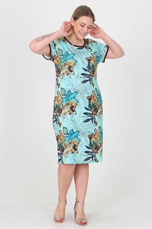 Neşeli butik kadın mavi desenli büyük beden yazlık viskon elbise AYSL36