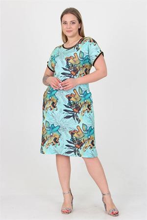 Neşeli butik kadın mavi desenli büyük beden yazlık viskon elbise AYSL36