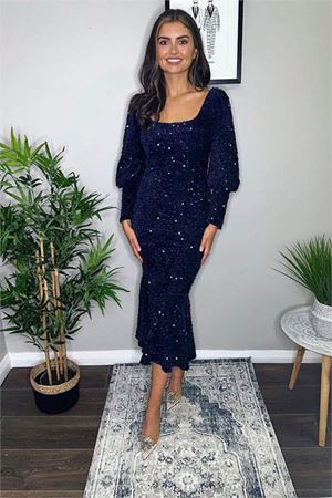Neşeli butik kadın eteği volanlı pul payet abiye elbise NBEMP2336