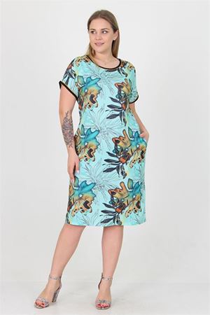 Neşeli butik kadın mavi desenli büyük beden yazlık viskon elbise AYSL36