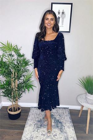 Neşeli butik kadın eteği volanlı pul payet abiye elbise NBEMP2336