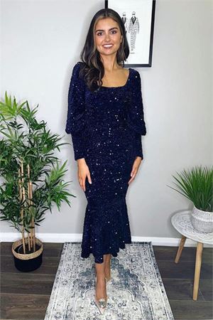 Neşeli butik kadın eteği volanlı pul payet abiye elbise NBEMP2336