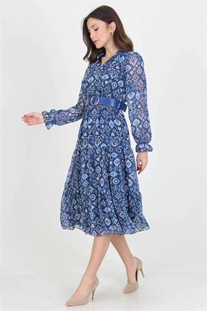 Neşeli butik kadın kemerli yakası bağlama detaylı desenli şifon elbise RSSN02