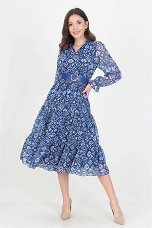 Neşeli butik kadın kemerli yakası bağlama detaylı desenli şifon elbise RSSN02