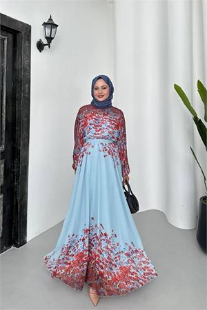 Neşeli butik kadın şifon astarlı çiçek desenli tesettür elbise NMS070