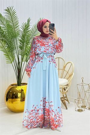 Neşeli butik kadın şifon astarlı çiçek desenli tesettür elbise NMS070