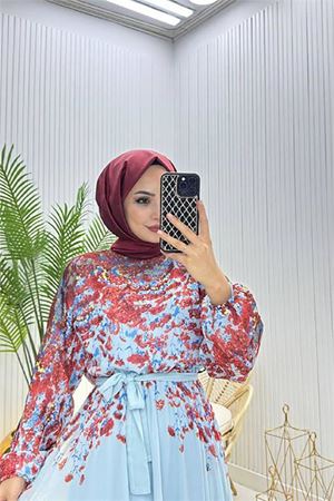 Neşeli butik kadın şifon astarlı çiçek desenli tesettür elbise NMS070