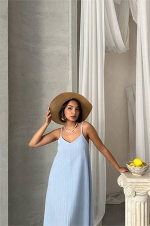 Neşeli butik kadın bebe mavisi ayarlanabilir askılı salaş elbise NBG090