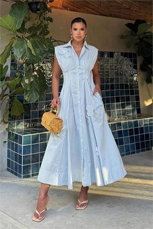 Neşeli butik kadın mavi poplin kumaş kol vatkalı çiçek işleme detaylı tasarım elbise ---- NBEMP2750
