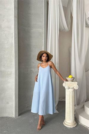 Neşeli butik kadın bebe mavisi ayarlanabilir askılı salaş elbise NBG090