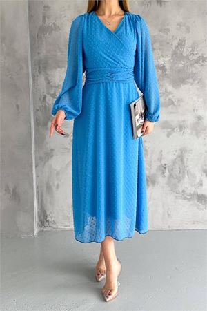 Neşeli butik kadın kemer detaylı astarlı ponpon şifon elbise NBKKLF2052