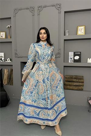 Neşeli butik kadın etnik desenli dik yaka ithal kumaş tasarım elbise
