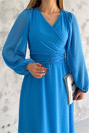 Neşeli butik kadın kemer detaylı astarlı ponpon şifon elbise NBKKLF2052