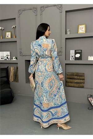 Neşeli butik kadın etnik desenli dik yaka ithal kumaş tasarım elbise