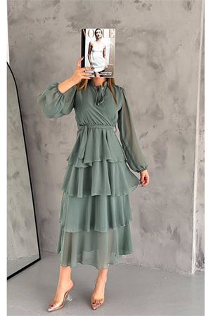 Neşeli butik kadın astarlı eteği kat kat şifon elbise NBKKLF2041