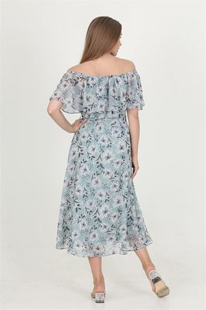 Neşeli butik kadın madonna yaka kuşaklı desenli şifon elbise RY10037