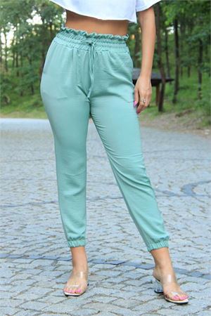 Neşeli butik kadın mint yeşili yüksek bel bağlama detaylı ayrobin pantolon DNZ001