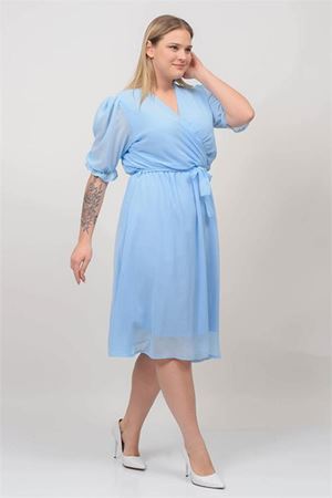 Neşeli butik kadın bebe mavisi kruvaze yaka büyük beden şifon elbise NB8062