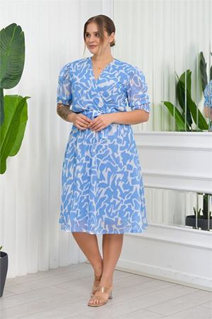 Neşeli butik kadın büyük beden desenli şifon elbise NB8063 - Mavi