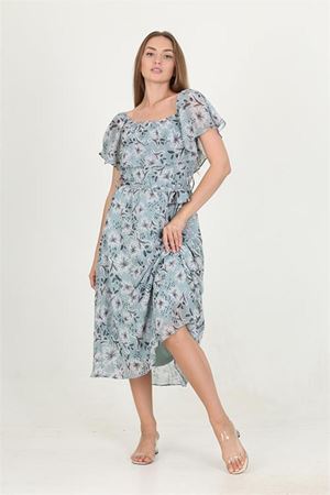 Neşeli butik kadın madonna yaka kuşaklı desenli şifon elbise RY10037