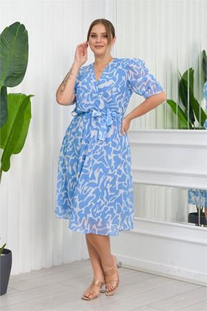 Neşeli butik kadın büyük beden desenli şifon elbise NB8063 - Mavi