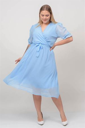 Neşeli butik kadın bebe mavisi kruvaze yaka büyük beden şifon elbise NB8062