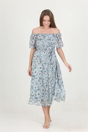 Neşeli butik kadın madonna yaka kuşaklı desenli şifon elbise RY10037