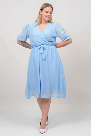 Neşeli butik kadın bebe mavisi kruvaze yaka büyük beden şifon elbise NB8062