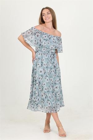 Neşeli butik kadın madonna yaka kuşaklı desenli şifon elbise RY10037