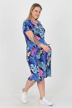 Neşeli butik kadın mavi çiçek desenli büyük beden viskon elbise AYSL24