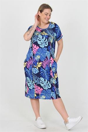 Neşeli butik kadın mavi çiçek desenli büyük beden viskon elbise AYSL24