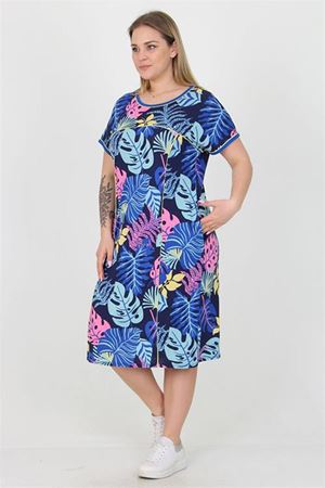 Neşeli butik kadın mavi çiçek desenli büyük beden viskon elbise AYSL24