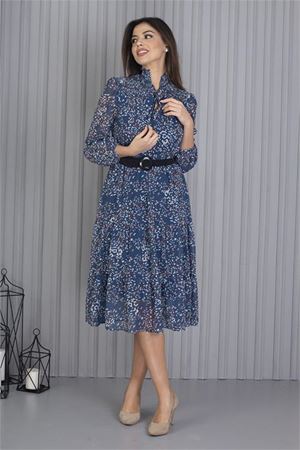 Neşeli Butik Kadın Indigo Kemerli Omuzları Gipeli Desenli Şifon Elbise APCX04