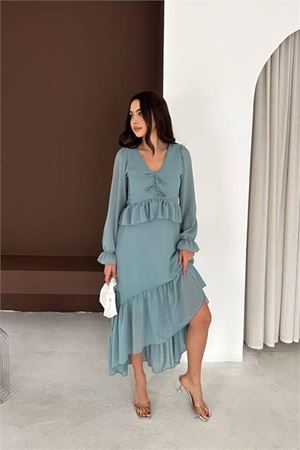Neşeli butik kadın mint yeşili fiyonk detaylı v yaka volanlı midi boy şifon elbise